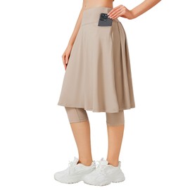 ANIVIVO 24" Long Knee Length Skirted Leggings for Women,Modest Athletic Skirt with Leggings Pleated Workout Skirt Zipper Pockets(Khaki,M)