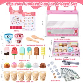 WHOHOLL Wooden Ice Cream Counter Playset for Toddler Girl Toys, Play Store Pretend Toy Food Play Kitchen Accessories with Fake Money & Coin, Gifts for 3+ Year-Old Kids (Pink)