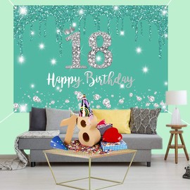 Happy 18th Birthday Decorations Backdrop Banner for Girls Happy 18 Years Old Fabric Sign Poster, Turquoise Photography Background 18th Birthday Party Supplies, 150x90cm