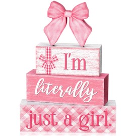 Yousoontic 4 Pcs Pink Bow Wooden Table Decorations Coquette Bow Signs Tiered Tray Decor Wood Cute Girly Preppy Ornaments Gift Rustic Farmhouse Centerpiece Tabletop Decor for Entryway Home Desk Room