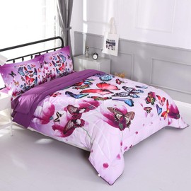 Wowelife 3D Purple Butterfly Comforter Queen Upgraded Print Beautiful Butterfly Groups in 5 Piece with Comforter, Flat Sheet, Fitted Sheet and 2 Pillow Cases (Playing Butterfly, Queen)