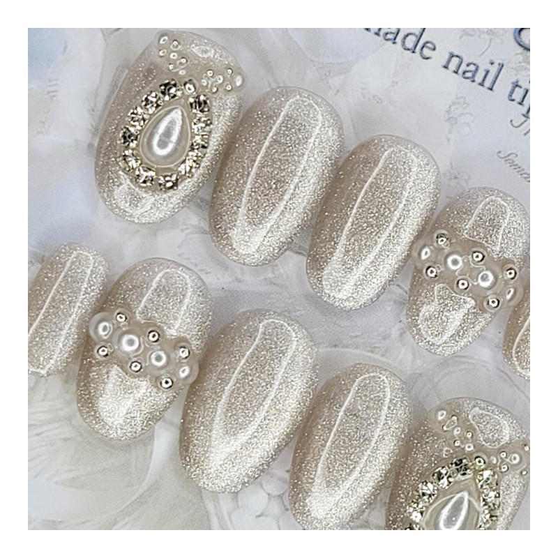 Wedding pearl handmade nail tips - Square M / 웨딩