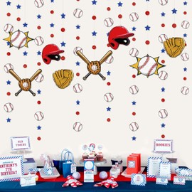 pinkblume Baseball Party Decorations Red Circle Dot Blue Star Baseball Sport Theme Hanging Cutout Garland Streamer for Birthday Baby Shower Wedding Party Supplies Classroom Nursery Wall Ceiling Decor