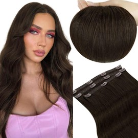 RUNATURE Clip-In Real Hair Extensions, Remy Darkest Brown, Straight Clip-In Hair Extensions, Real Hair, Straight Hair, Clip-In Extensions, Brown, 25 cm, #2, 50 g, 3 Pieces