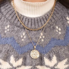 Inilbran Boho Layered Compass Necklace Vintage Compass Pendant Necklace Gold Compass Choker Necklace Compass Rope Chain Necklace Jewelry for Women and Girls