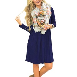 AUSELILY Women's Long Sleeve Fall Dress Casual Pleated Loose Swing Dress with Pockets 2025 New Navy Blue S