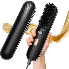 Cordless Hair Straightener Brush, Portable USB Rechargeable Hot Comb, 0.54lb Mini Hair Straightener Travel Size, 3 Temp Setting, Negative Ion Hair Straightener Brush for Women Men