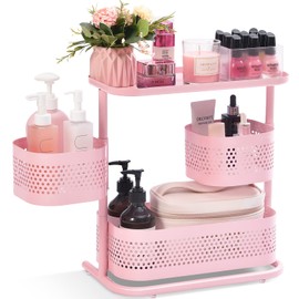 KINGRACK 3 Tier Bathroom Organizer Countertop, Multi-Purpose Makeup Organizer, Rotating Desktop Skincare Organizer, Vanity Tray Standing Rack for Bathroom, Pink