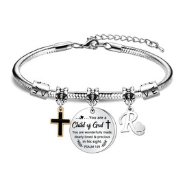 HEYEJET Christening Gift Bracelets for Women with 26 Letters Baptism Present Cross Bracelet Gift for Godmother Godchildren Original Pendant Jewellery for Girls Confirmation First Communion Gifts (R)