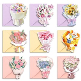 オーディオファン メッセージカード グリーディング 花束 二つ折り ミニ 小さめ お礼 お祝い きらきら 箔押し 花 フラワー イラスト 水彩 リボン 卒業 入学 入園 封筒付 9種 カード(約10*7.8cm)+封筒(約10.3*8.1cm)