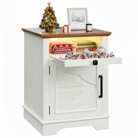 IRONCK Farmhouse Nightstand with Charging Station & 2 USB Ports, App Controlled LED End Table, 19" Rustic Side Table with Storage for Bedroom, White