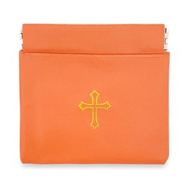 Squeeze-Top Faux Leather Rosary Pouch - Compact Orange Vinyl Case for Rosary Beads with Cross Imprint - Keeps Prayer Beads Protected for Travel - Fits Easily in Pocket, Car, Retreats & Church Use
