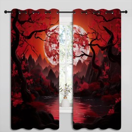 LHROOMJK Japanese Blackout Curtains for Boys Girl Bedroom Home Decor,Asian Anime Red Plum Red Moon Landscape Painting Thermal Insulated Grommet Darkening Living Room Window Drapes, 55 x 63 inch