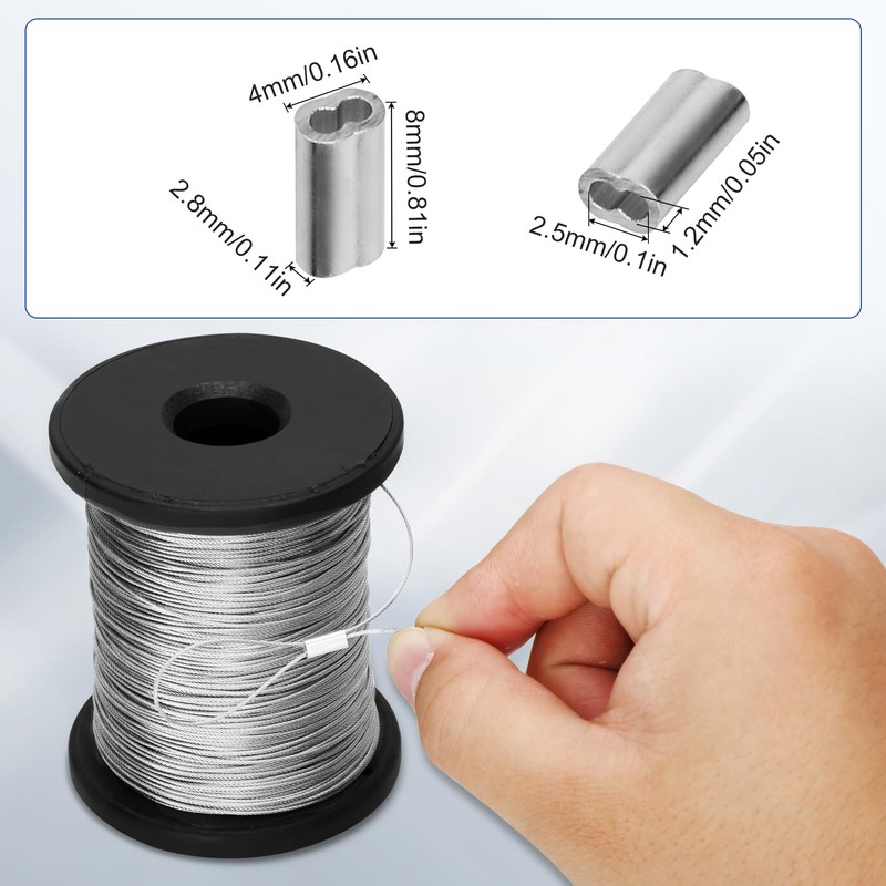 316 Stainless Steel Cable, 200FT 1/32IN Wire Rope with 50Pcs