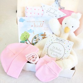 9 Newborn Baby Gifts Baby Shower - Includes Baby Essentials Keepsake Book, Baby Clothes, Baby Milestone Cards Goose Comforter Gift Boxed (Girl- Pink)