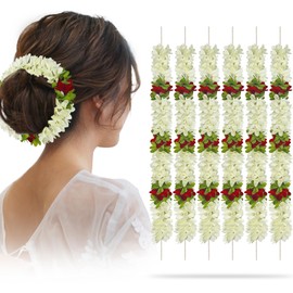 ZAINY 6 Pack Red White Mogra Gajra for Hair, Artificial Jasmine Flower for Women, Reusable Artificial Cloth Hair and Hand Accessories for Festivals, Poojas, Weddings, and Decor - Versatile Floral Hair Garland (Red, 33 cm)