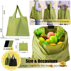 Aieino Foldable Shopping Bags 2PCS - Reusable Shopping Bag Folding in a Pouch Water-resistant Washable Large Grocery Bags Shopping Tote Heavy Duty for Daily Outdoor Women Men(Black, Grey)