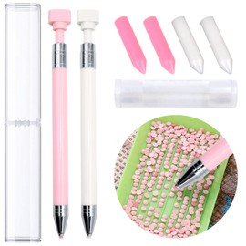 SPOKKI 2 Pcs Diamond Painting Pens with Wax, Refillable Wax Pen, Rotating Glue Point Drill Pen for Nail Art Rhinestones, Diamond Art Accessories and Tools, Quickly Pick Up Beads Gems (Pink+White)