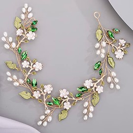 Diadema de flores bonitas para novia, dama de honor, pieza para el cabello con hojas verdes y cristales, enredadera para el cabello con cuentas
