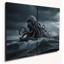 The Plum Penguin A4 Twin Set Wooden Wall Art - Kraken and Stormy Sea Home Decor Canvas Alternative 40 x 30cm