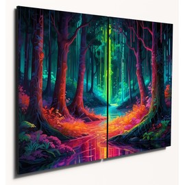 The Plum Penguin Vibrant Dreamscape Wall Art: A4 Dual MDF Wood Panels with Neon Forest Digital Print Canvas Alternative 40 x 30cm