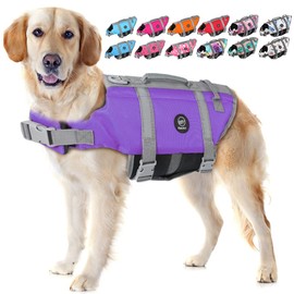 EMUST Dog Life Vests for Swimming, Adjustable Pet Life Jackets for Swimming with Reflective Stripes,Dog Water Vest for Small/Medium/Large Dogs, L, Purple
