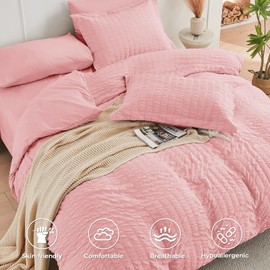 HYMOKEGE Pink Duvet Cover King Size, Ultra Soft & Breathable 3PC Seersucker Duvet Cover Set with Zipper Closure & Corner Ties – Includes 1 Duvet Cover (104"x90") & 2 Pillowcases