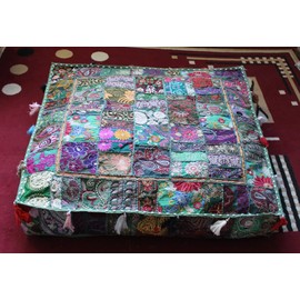 CRAFT KALA 35 in Indian Patchwork Ottoman Embroidered Designer Traditional Pouf Cover Indian Living Room Poufs Decorative Ottoman Home Living Footstool Chair Cover Bohemian Ottoman Decor (Dark Green)