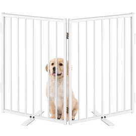 Metal Freestanding Dog Gates with Door,Indoor&Outdoor Pet Fences for Puppy Dogs,Extra Wide White Free Standing Foldable Dog Gate for Doorways,House,Stairs,Porch,Deck(2 Panels 24''H×40''W)