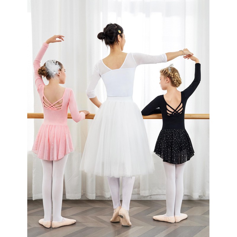 Arshiner Girls Ballet Leotard with Shiny Skirt Long Sleeve Criss-Cross