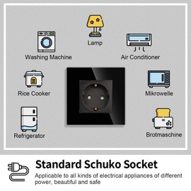 JIMEIDA Single Socket in Black, 16 Amp Glass Schuko Sockets, Flush-Mounted Protective Contact Wall Socket, 86 mm, 250 V, 1 Compartment, Pack of 4