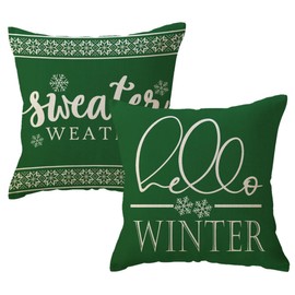 ULOVE LOVE YOURSELF Hello Winter Throw Pillow Cover 18x18 Inches Green Sweater Weather Christmas Decor Pillowcases Winter Holiday Decorative Cushion Covers 2Pack for Sofa/Couch/Porch