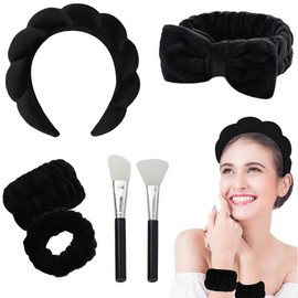 Spa Stirnband zum Waschen, 4 Stück Haarband Schminken, Gesicht Wristband Set Schwamm Stirnband Set Make up Stirnbänder Mit Silikon Maskenpinsel für Gesicht Waschen(Schwarz)