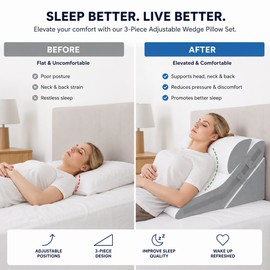 3-Piece Adjustable Wedge Pillow Set for Elevated Rest – Folding Memory Foam Support for Sleeping, Reading & Legs