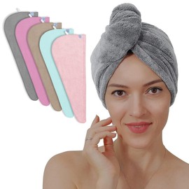 5 Pack Thicken Microfiber Hair Towel Wrap for Women - Elastic Loop Design - 320GSM Coral Velvet - Quick Dry Hair Turban - 11x28 Inch - Color: Grey+pink+brown+blue+berry, Package Quantity: 5