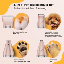 QREEYX Upgrade Dog Grooming Kit, Cordless Dog Paw Trimmer, 4 in 1 Low Noise Pets Hair Clipper Grooming Kit, 2-Speed Nail Grinder with Stainless Steel Blade for Small Pet with Thick Coats (Pink)