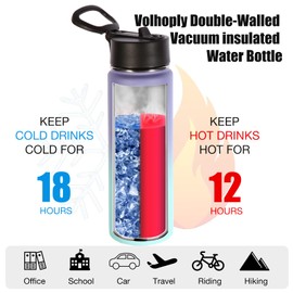 Volhoply 650 ml Stainless Steel Drinking Bottle with Straw, Double-Walled Vacuum Insulated Thermos Flask Children, Metal Leak-Proof, BPA-Free Thermos Flask for Sports, School, Outdoor (Purple/Blue