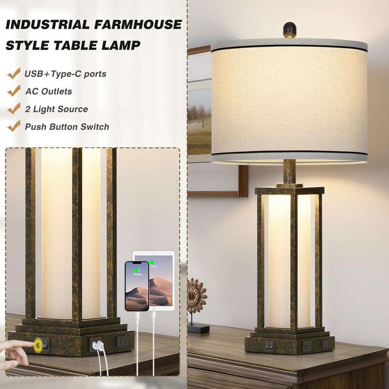 luxeflow 27in Tall Farmhouse Table Lamp with USB C+A &