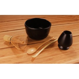 BambooMN Brand - Matcha Bowl Set (Includes Bowl, Rest,Tea Whisk, Chasaku, Tea Spoon) 1 Set Black