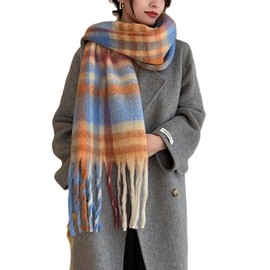 Wander Agio Winter Women Warm Scarf Long Shawl Large Scarves Cold Weather Thicker Blanket Wrap Colour Plaid Stripe Brown Blue 24