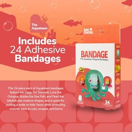 BioSwiss Vendas, Vendaje Autoadhesivo Con Forma De Criaturas Marinas De Aquateam, Cuidado De Heridas Estéril Sin Látex, Suministros Divertidos De Botiquín De Primeros Auxilios Para Niños Y Adultos, 24