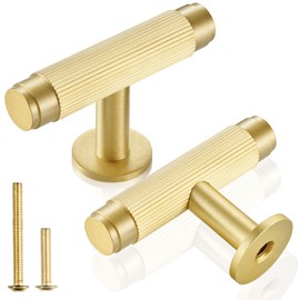 QOGRISUN 5-Pack Solid Brass Cabinet Knobs, Grooved Gold T Bar Pulls, Single Hole Handles for Kitchen Drawer Dresser Cupboard, 2.1-Inch Total Length, Brushed Brass Finish – Eleganza