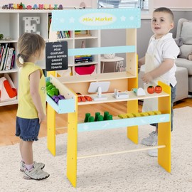 Costzon Wooden Grocery Store for Kids, Pretend Supermarket Stand w/Wooden Cash Register, POS Machine, Scanner, 36 Cutting Vegetables & Fruits, Chalkboard, Role Play Toy Set Gift for Boys Girls 3+