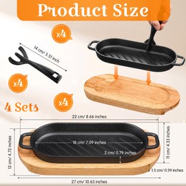 Yiyiring 4 Pcs Cast Iron Fajita Skillet Pan Set Sizzling Steak Plate with Wooden Base and Removable Handle Cast Iron Grill Frying Pan for Home Restaurant Kitchen Cooking (8.66 x 4.33 Inch)