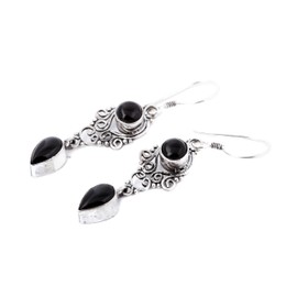 WINDALF Bohemia Nariza Medieval Earrings 4.5 cm Fairy Jewellery with Onyx Handmade 925 Sterling Silver, Fabric jewellery bag, Onyx