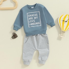 Toddler Baby Boy Fall Winter Outfit Long Sleeve Letter Print Sweatshirts and Jogger Pants Infant Boy Clothes (Snacks Blue, 12-18 Months)