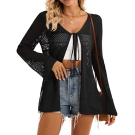 Bellcoco Women Crochet Cardigan Hollow Out Long Sleeve Coverups Tie Front Top Lightweight Summer Beach Knit Tops B-Black, M