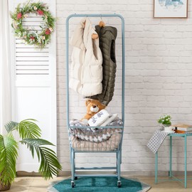 ALIMORDEN Laundry Cart with Clothes Rack, Rolling Laundry Butler with Wire Storage Rack, Grey Blue