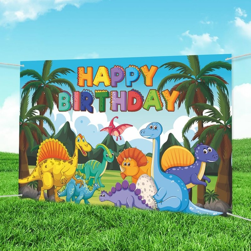 Dinosaur Birthday Party Backdrop Banner, 180 x 110 cm, Colourful
