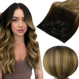 Full Shine Clip in Hair Extensions Rea Human Hair 16 Inch, Balayage Black to Light Brown Mix Honey Blonde Hair Extensions Real Human Hair Clip ins Ombre Human Hair Full Head120 G 7 PCS
